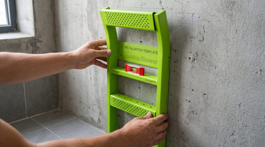 Plantilla de plástico verde brillante apoyada contra una pared de azulejos grises