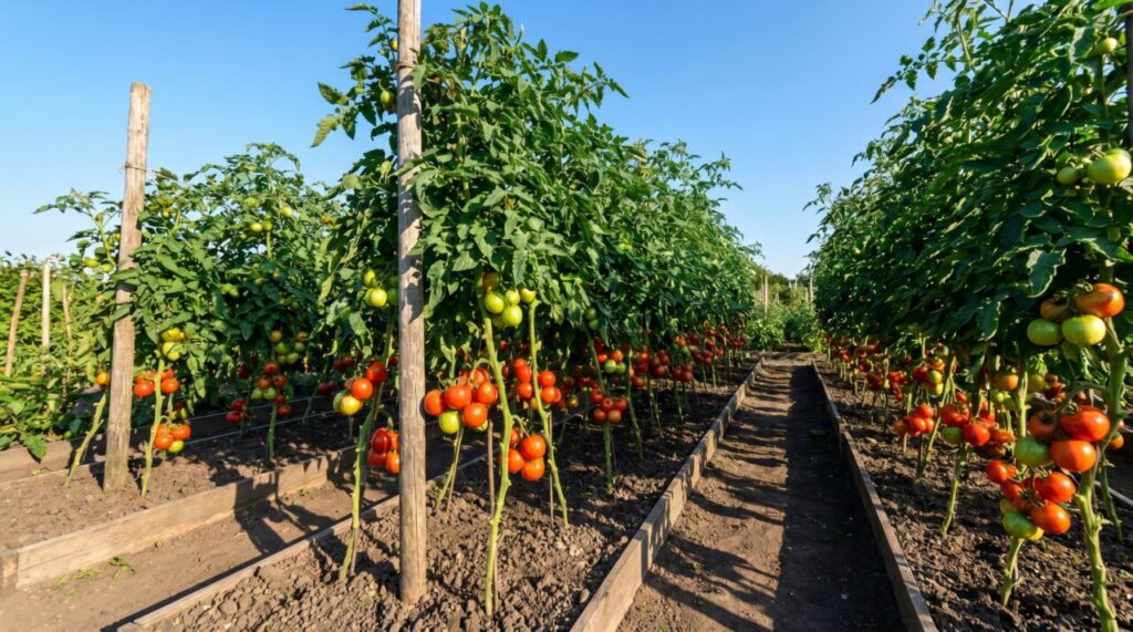 Plantas de tomate saludables y ventiladas en un huerto exterior