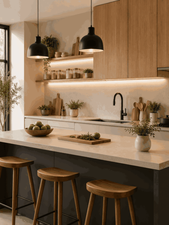 Cocina moderna organizada con frascos decorativos y utensilios contemporáneos