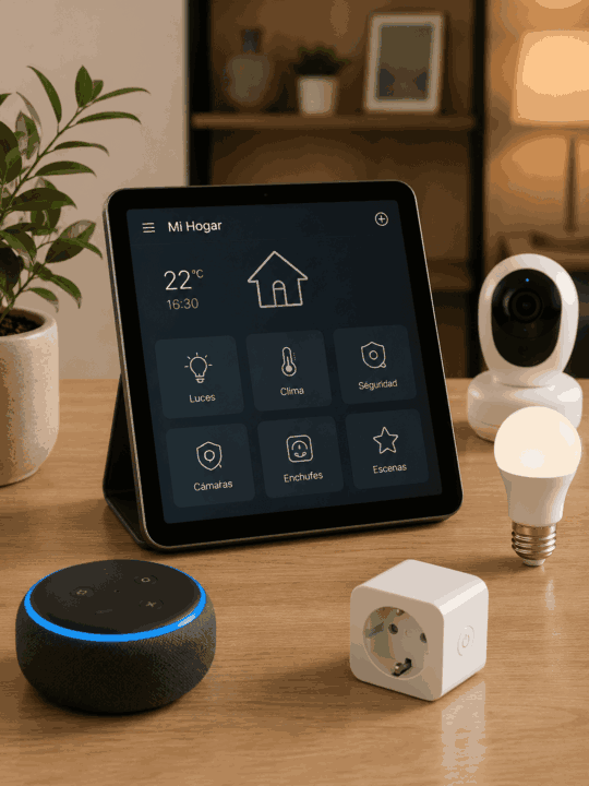 Hogar inteligente con pantalla digital de control y tecnología moderna integrada en la sala.