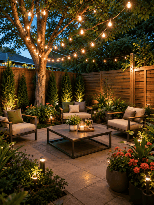 Patio exterior iluminado con luces cálidas y muebles cómodos en ambiente nocturno