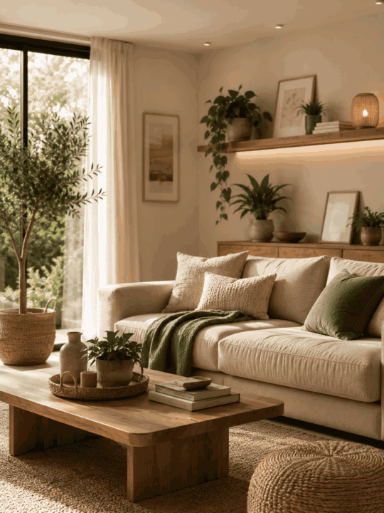 Sala acogedora con sofá claro, iluminación cálida y decoración moderna funcional