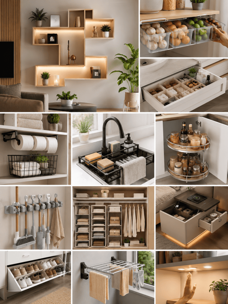 Collage moderno con ideas virales para decoración, organización y tecnología del hogar