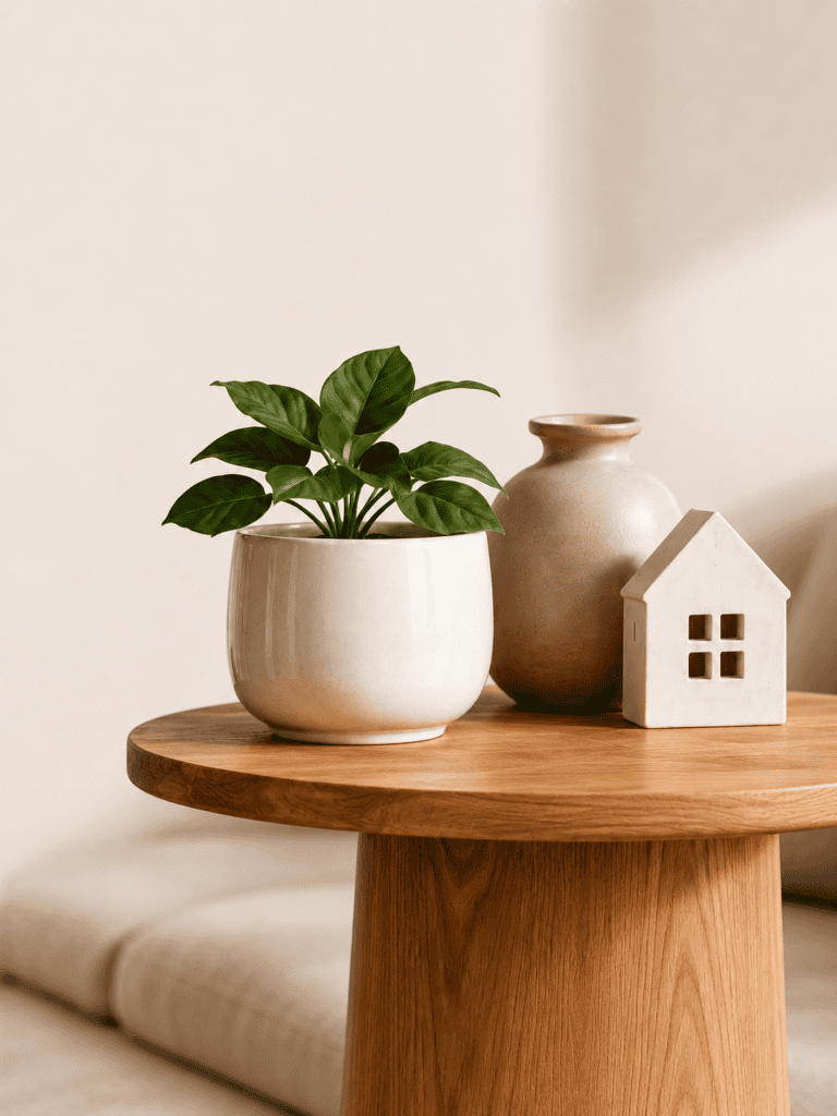 Mesa de madera con planta decorativa, florero beige y figura de casa minimalista
