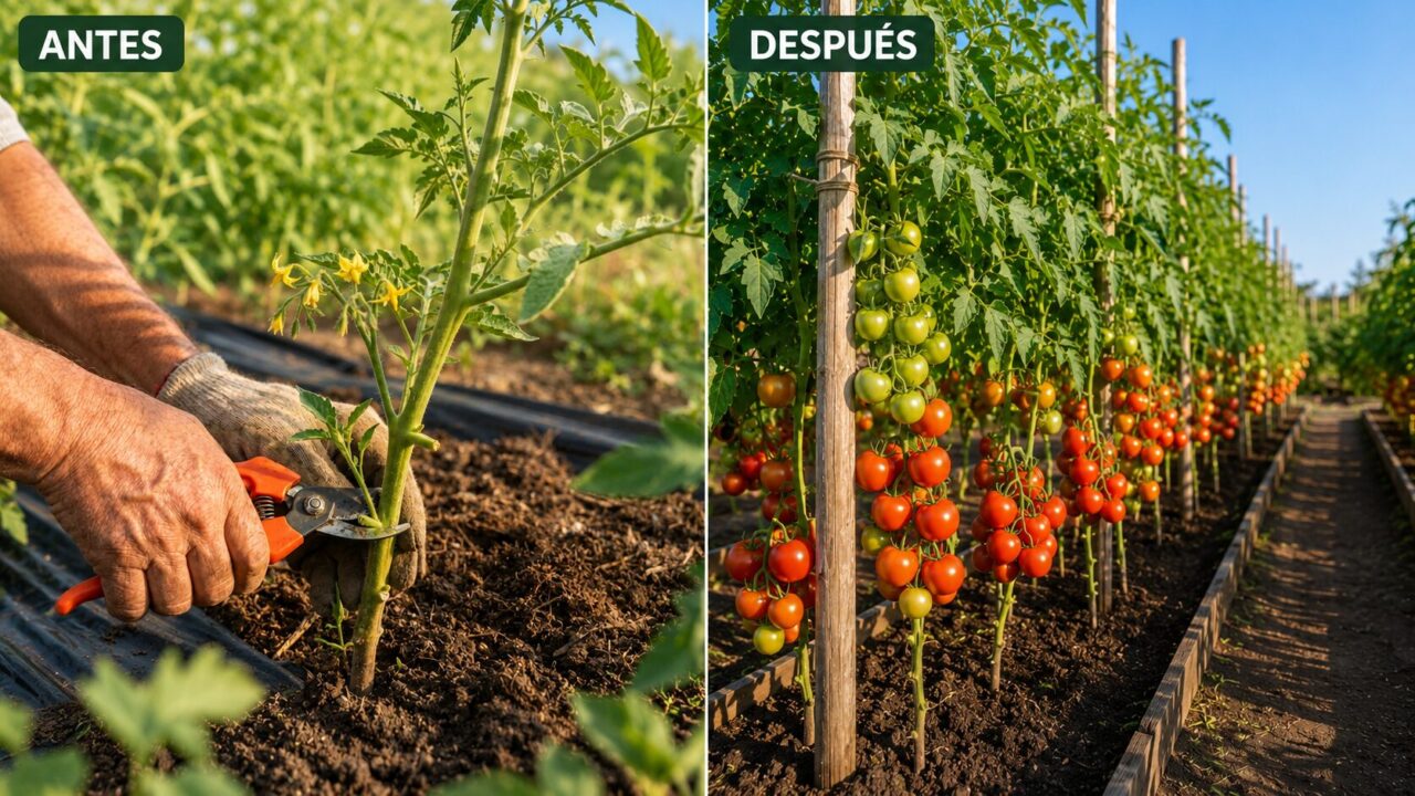 Manos podando las ramas laterales inferiores de una tomatera joven con flores amarillas
