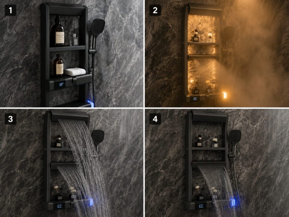 Panel de ducha multifuncional con salida de agua tipo cascada en baño minimalista