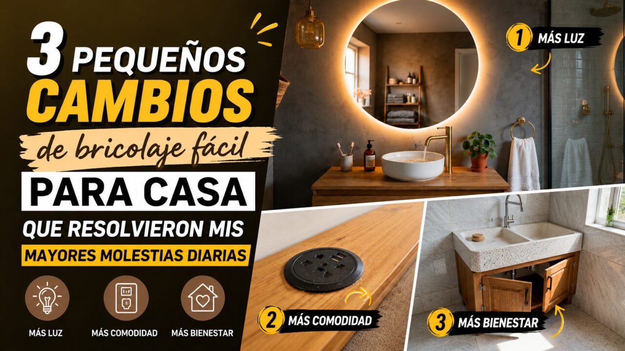 Diseño destacado de bricolaje para casa con espejo LED iluminado, enchufe USB empotrado y mueble de baño moderno de madera, acompañado de texto en español sobre pequeños cambios para mejorar el hogar.