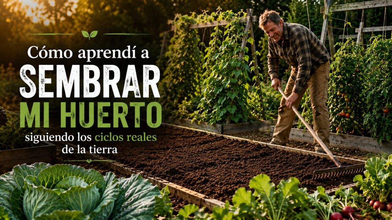 Hombre labrando la tierra marrón de un huerto en un día soleado