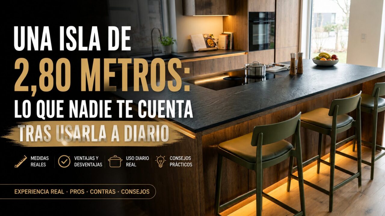 Vista general de una isla de cocina de 2,80 metros con taburetes modernos y encimera negra