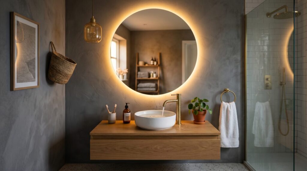 Espejo redondo con luz LED indirecta cálida sobre pared de baño