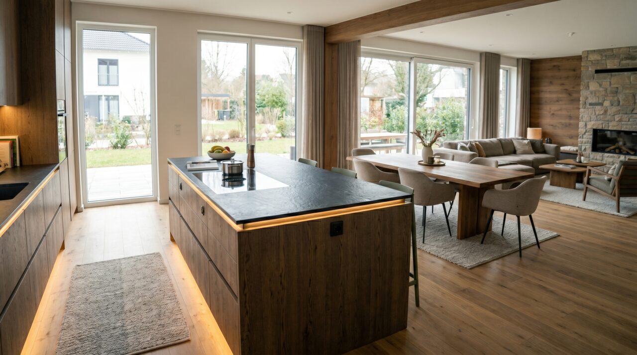 Vista panorámica de una cocina abierta con una gran isla central que conecta con el salón comedor