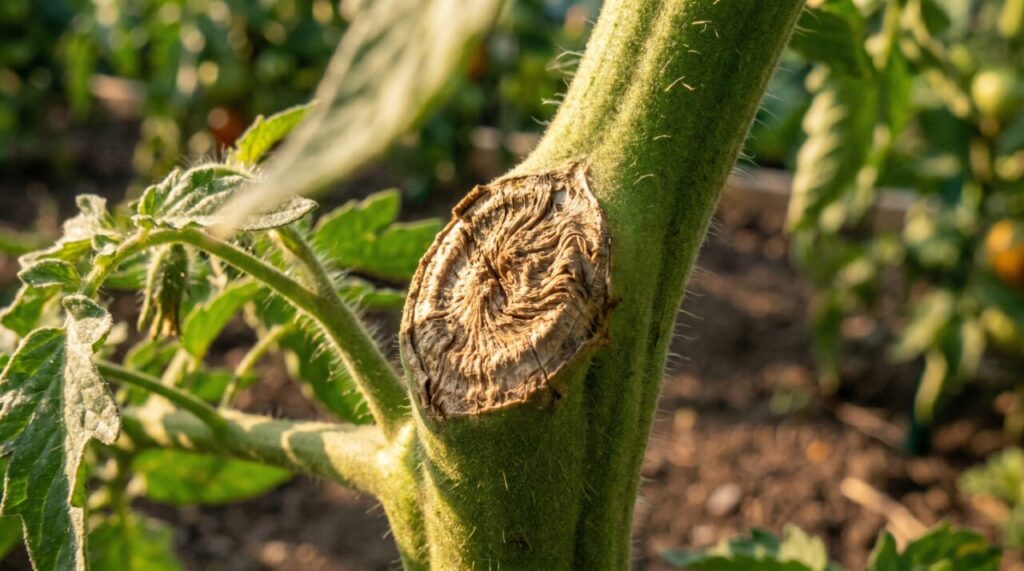 Detalle de una herida de poda limpia y seca en el tallo principal de un tomate