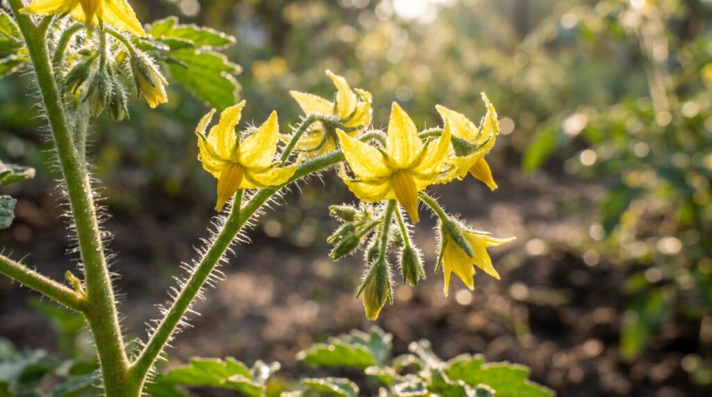 Pequeñas flores amarillas en una planta de tomate joven