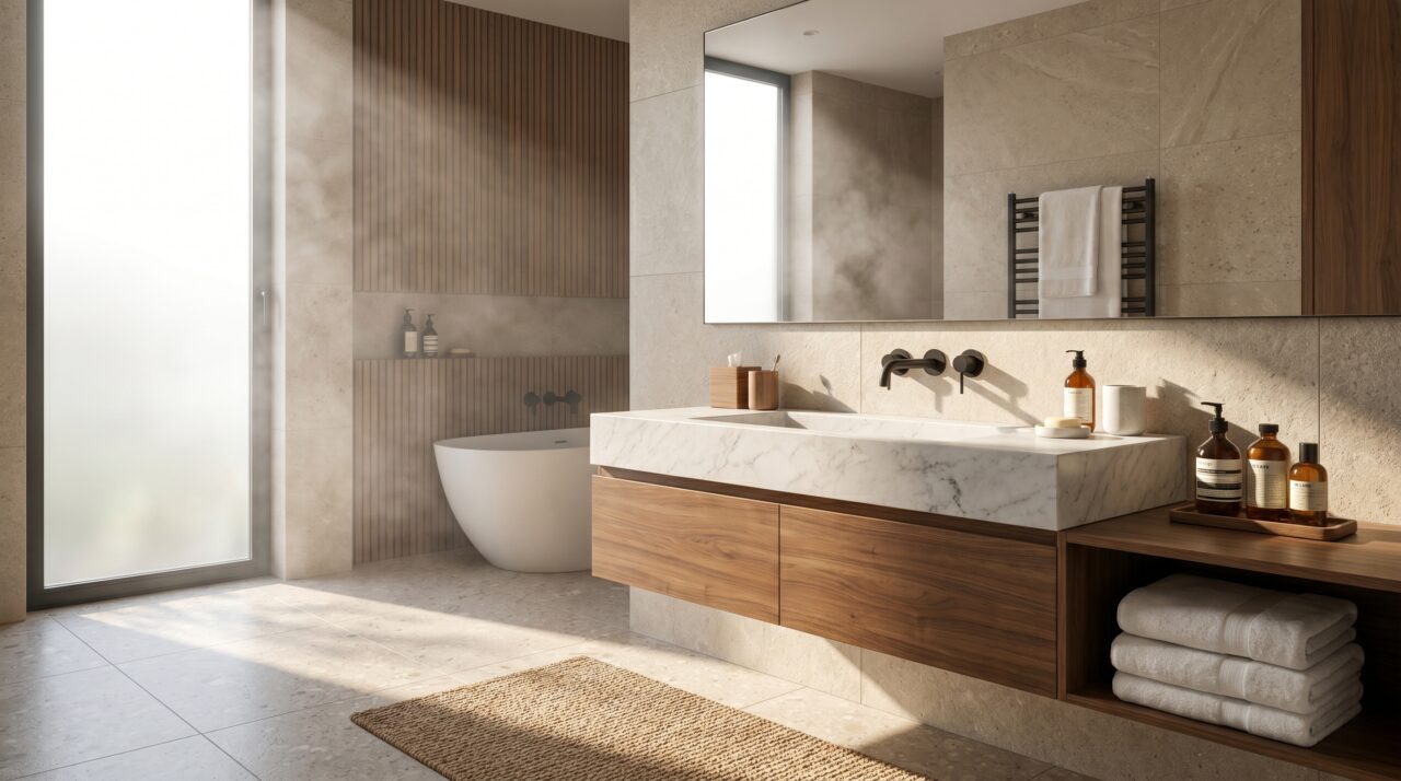 Baño moderno y elegante con estilo spa y decoración minimalista