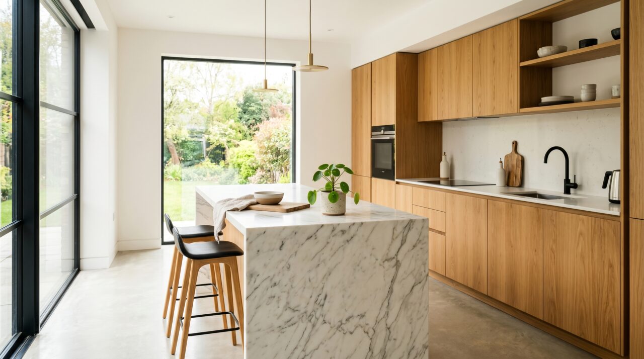 Cocina de diseño escandinavo con madera muy clara y mármol luminoso
