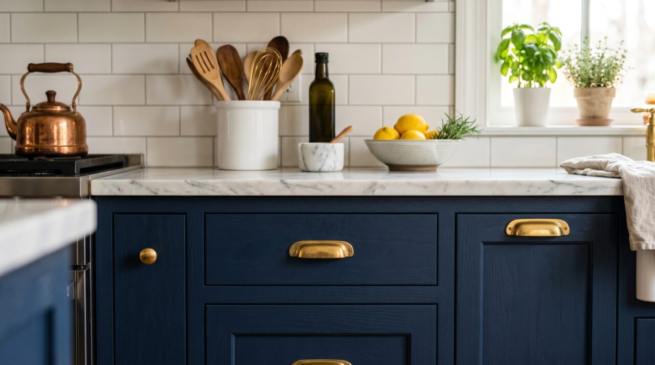 Muebles de cocina color azul marino profundo combinados con encimera de mármol de vetas grises