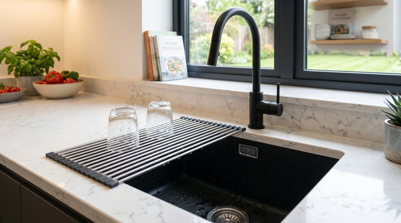 Fregadero de cocina negro con grifo monomando extraíble y rejilla de secado metálica enrollable