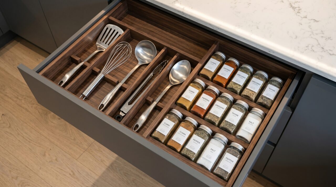 Interior de cajón de cocina con cubertero de madera y tarros de especias alineados de forma limpia